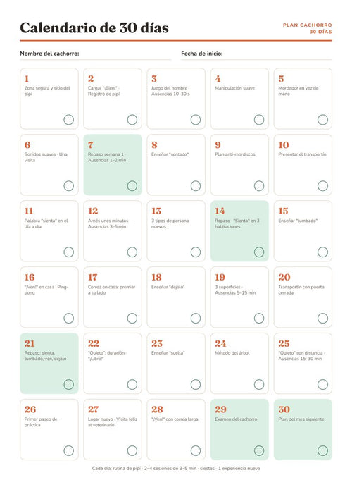 Calendario imprimible de 30 días